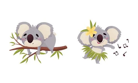 Cute Gray Koala Bear Sleeping on Tree Branch and Dancing Vector Set Stock Illustration