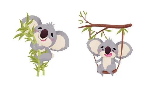 Cute Gray Koala Bear Swinging on Tree Branch and Sitting on Bamboo Vector Set Illustrazione stock