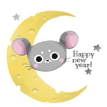 Cute gray mouse, cheese moon, happy new year greetings, 2020 Stock Illustration
