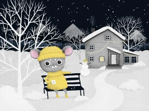 Cute gray mouse, in a yellow sweater and hat, winter house and landscape happ Stock Illustration