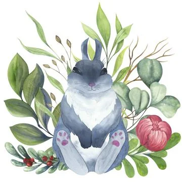 Cute gray rabbit with flowers. Fluffy rabbit sitting. New Year and Easter card Stock Illustration