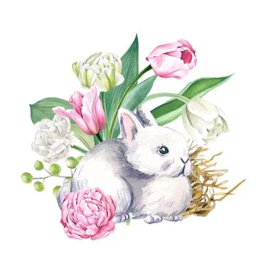 Cute gray rabbit with flowers, Hand drawn Stock Illustration