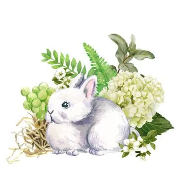 Cute gray rabbit with flowers, Hand drawn Stock Illustration