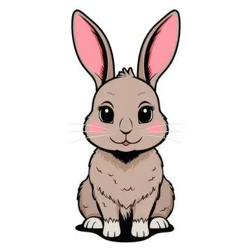 Cute gray rabbit sitting with large pink ears and big eyes Stock Illustration