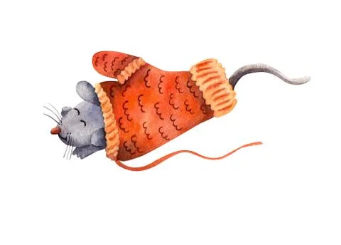 A cute gray sleeping mouse in a red knitted mitten. Stock Illustration