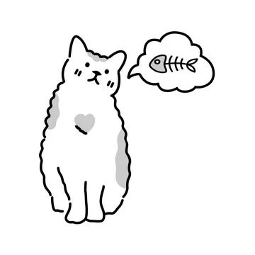 A cute gray-spotted white cat is thinking of fish bone, cute cat Stock Illustration