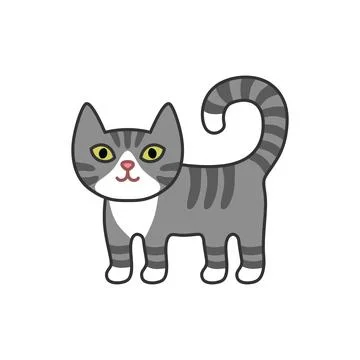 Cute gray tabby cat icon cartoon kitten striped pattern white paws chest Stock Illustration