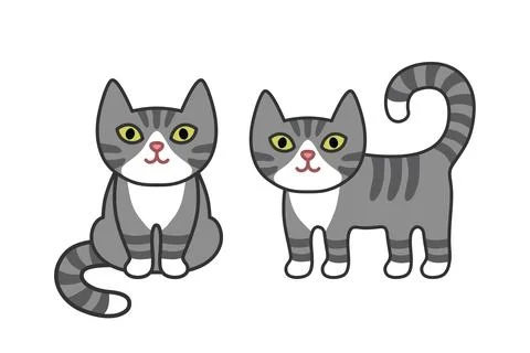 Cute gray tabby cats set icon cartoon kitten striped pattern white paws chest Illustrazione stock