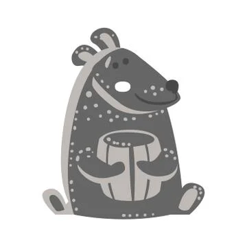Cute gray teddy bear sitting and holding honey barrel. Funny lovely animal Stock Illustration