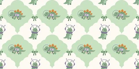 Cute green alien character with unique details on light background seamless Illustrazione stock