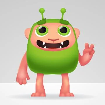Cute green alien invader with silly smile and funny ears. Fluffy character Stock Illustration