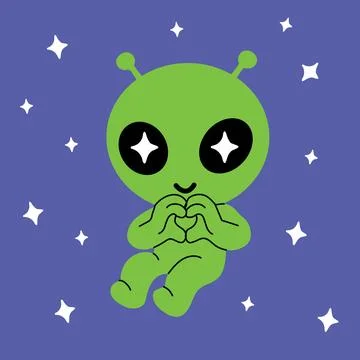 Cute Green Alien Making Heart Hands in Space Illustrazione stock