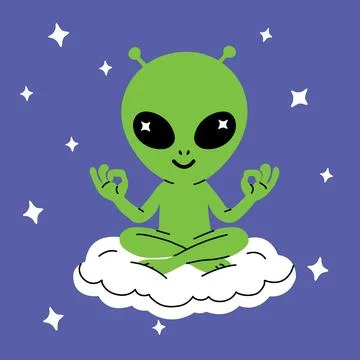 Cute green alien meditating on a cloud in outer space Stock-Illustration