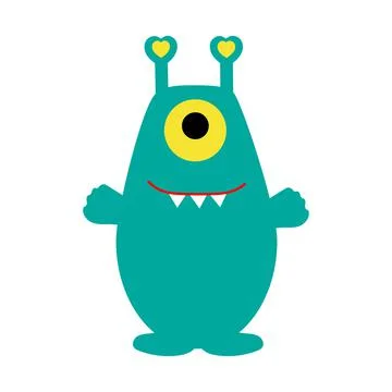 A cute green alien monster with three teeth and one eye. Illustrazione stock