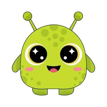 Cute Green Alien Monster with Two Antennas and Happy Smile Vector Illustrat.. Illustrazione stock