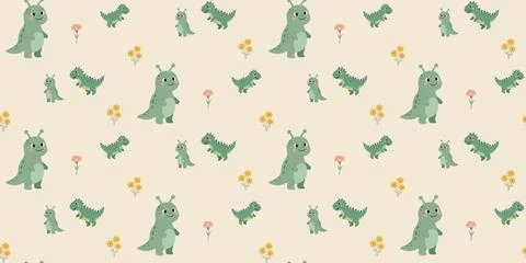 Cute green caterpillar pattern with flowers on light background seamless design Stock Illustration