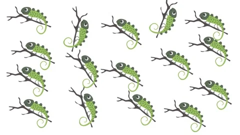 Cute Green Chameleon Pattern with Cartoon Lizards on Tree Branches on White Stock Footage 345539223