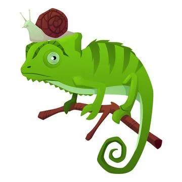 Cute green chameleon on tree branch, snail with spiral shell on head, exotic 스톡 일러스트