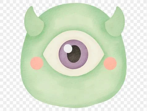 Cute green cyclops monster Halloween spooky cartoon watercolor illustration.. Stock Illustration