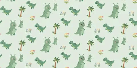 Cute green dinosaur cartoon pattern with palm trees and flowers on light Stock Illustration