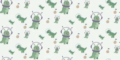Cute green dinosaur cartoon pattern with space helmets and planets in playful Stock Illustration