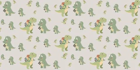Cute green dinosaur cartoon pattern with orange spots and playful shapes on Stock Illustration