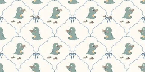 Cute green dinosaur pattern with blue bows and scalloped frames on white Illustrazione stock