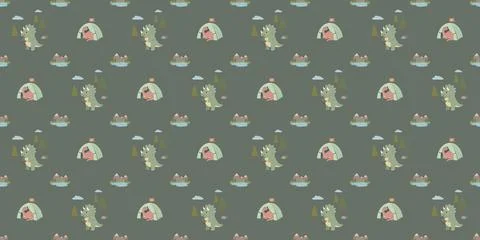 Cute green dinosaur pattern with colorful tents and clouds on muted gray Stock Illustration