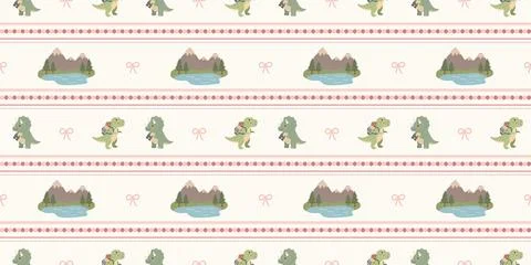 Cute green dinosaur pattern with mountains lakes and hearts on beige background Stock Illustration