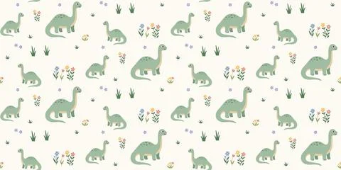 Cute green dinosaur pattern with plants and flowers on light background Stock Illustration