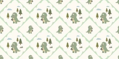 Cute green dinosaur pattern with trees and footprints on white background Stock Illustration