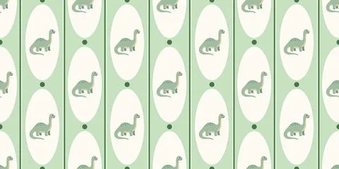Cute green dinosaur seamless pattern with vertical stripes and oval shapes for Stock Illustration