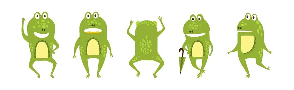 Cute Green Frog in Different Activity Vector Set Stock Illustration