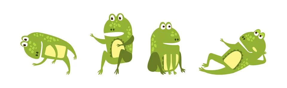 Cute Green Frog in Different Activity Vector Set Stock Illustration