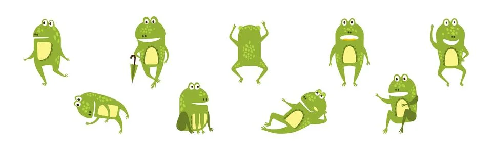 Cute Green Frog in Different Activity Vector Set Stock Illustration