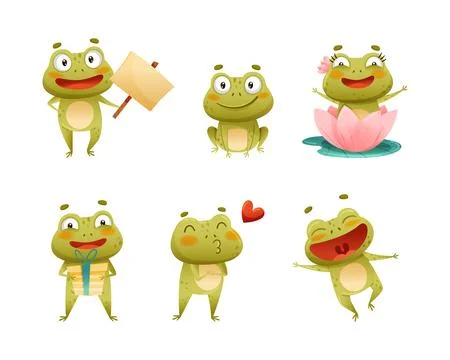 Cute Green Frog or Toad Character Engaged in Different Activity Vector Set Stockillustratie