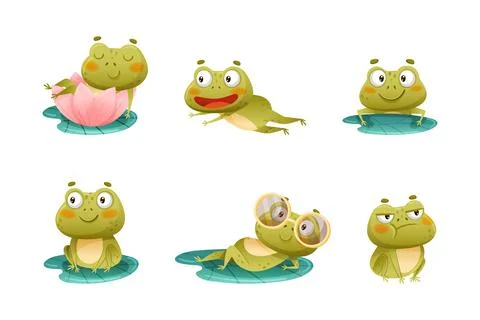 Cute Green Frog or Toad Character Engaged in Different Activity Vector Set Illustrazione stock