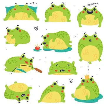 Cute Green Frog or Toad Character Engaged in Different Activity Vector Set Stockillustratie