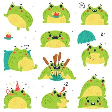 Cute Green Frog or Toad Character Engaged in Different Activity Vector Set Illustrazione stock