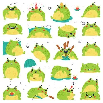 Cute Green Frog or Toad Character Engaged in Different Activity Vector Set Stockillustratie