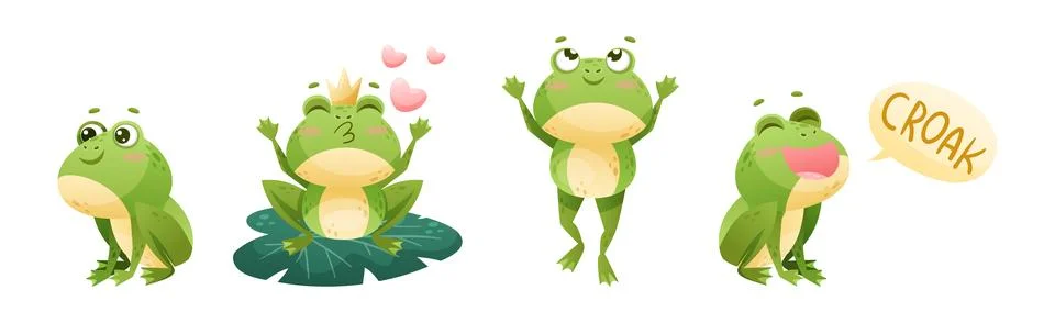 Cute Green Frog or Toad Character with Folded Limbs Vector Set Stockillustratie