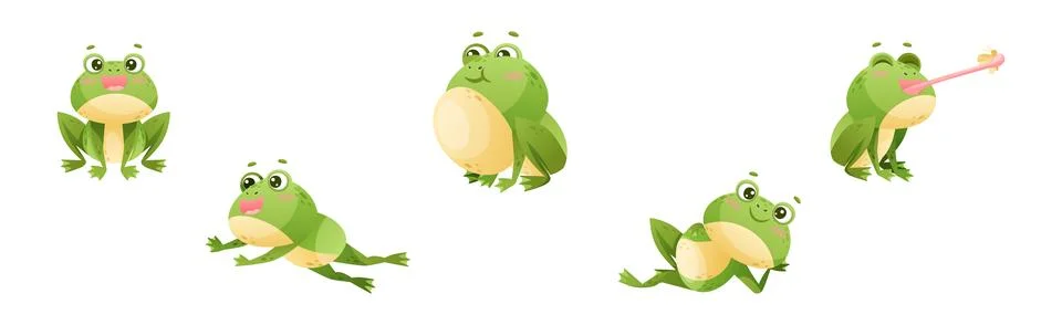 Cute Green Frog or Toad Character with Folded Limbs Vector Set Illustrazione stock