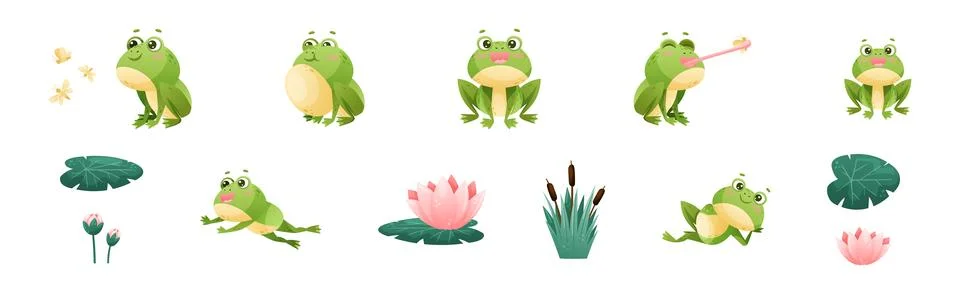 Cute Green Frog or Toad Character with Folded Limbs Vector Set Illustrazione stock