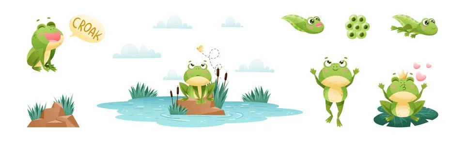 Cute Green Frog or Toad Character with Folded Limbs Vector Set Illustrazione stock