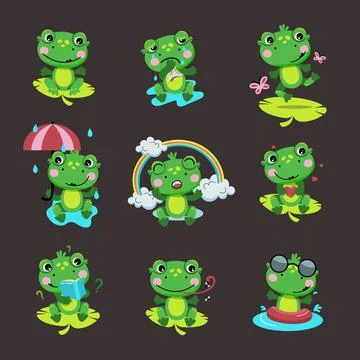 Cute green Frog. A set of frogs in different situations. Isolated vector Stock Illustration