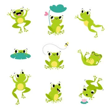 Cute Green Frog Smiling, Jumping, and Croaking Vector Set Stock Illustration