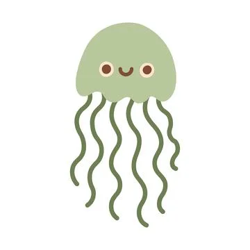 Cute green jellyfish character vector illustration with long tentacles. Cute Stock Illustration
