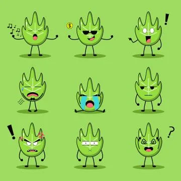 Cute Green Leaf Mascot Set Stock Illustration