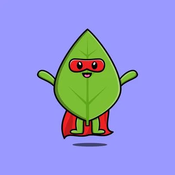 Cute green leaf superhero character flaying Stock Illustration