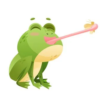 Cute Green Leaping Frog Character Catching Fly with Its Tongue Vector Stock Illustration
